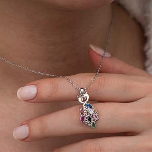 Hk Gümüş Kadın Kolye Renkli Taşlı Tavus Kuşu |Gümüş Takı Hediyelik Ürünler