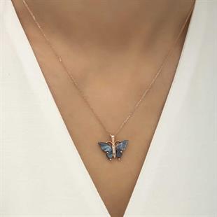 Gümüş Rose Antrasit Kaplangözü Taşlı Kelebek Kolye