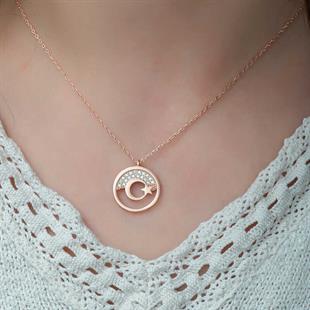 Hk Gümüş Kadın Kolye Rose Ay Yıldız |Gümüş Takı Hediyelik Ürünler