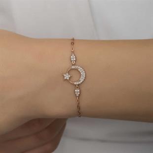 Hk Gümüş Kadın Bileklik Rose Ay Yıldız |Gümüş Takı Hediyelik Ürünler