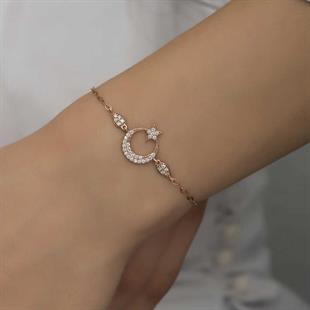 Hk Gümüş Kadın Bileklik Rose Ay Yıldız |Gümüş Takı Hediyelik Ürünler