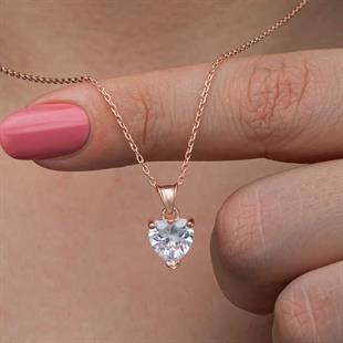 Hk Gümüş Kadın Kolye Rose Beyaz Taşlı Kalpli |Gümüş Takı Hediyelik Ürünler