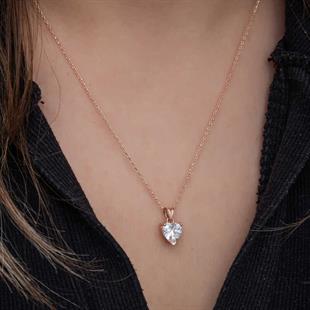 Hk Gümüş Kadın Kolye Rose Beyaz Taşlı Kalpli |Gümüş Takı Hediyelik Ürünler