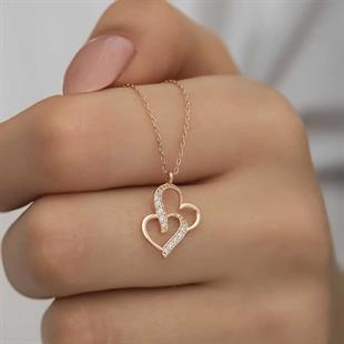 Hk Gümüş Kadın Kolye Rose Birleşmiş Kalpler |Gümüş Takı Hediyelik Ürünler