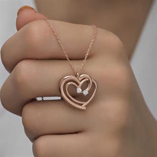 Hk Gümüş Kadın Kolye Rose Birleşmiş Kalpler |Gümüş Takı Hediyelik Ürünler