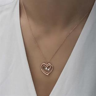 Hk Gümüş Kadın Kolye Rose Birleşmiş Kalpler |Gümüş Takı Hediyelik Ürünler