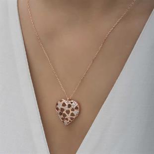 Hk Gümüş Kadın Kolye Rose Bombeli Kalp |Gümüş Takı Hediyelik Ürünler