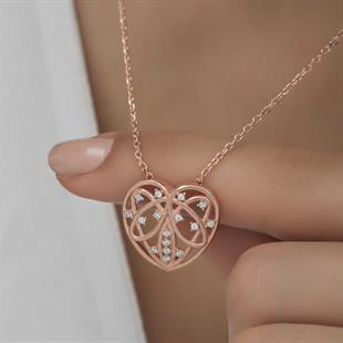 Hk Gümüş Kadın Kolye Rose Bombeli Kalp |Gümüş Takı Hediyelik Ürünler