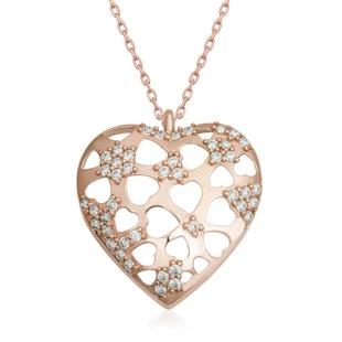 Hk Gümüş Kadın Kolye Rose Bombeli Kalp |Gümüş Takı Hediyelik Ürünler