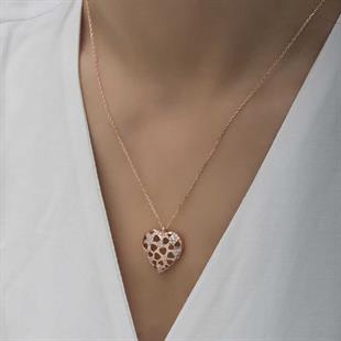 Hk Gümüş Kadın Kolye Rose Bombeli Kalp |Gümüş Takı Hediyelik Ürünler