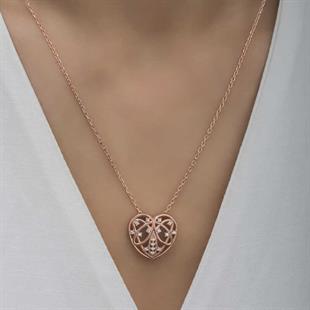 Hk Gümüş Kadın Kolye Rose Bombeli Kalp |Gümüş Takı Hediyelik Ürünler
