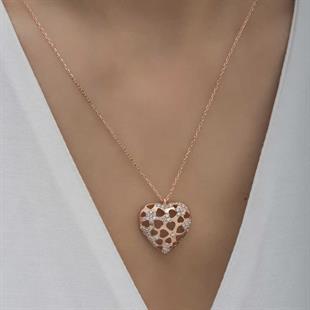 Hk Gümüş Kadın Kolye Rose Bombeli Kalp |Gümüş Takı Hediyelik Ürünler