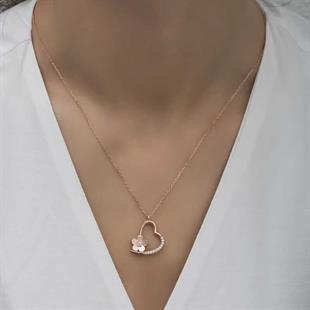 Hk Gümüş Kadın Kolye Rose Çiçekli Kalp |Gümüş Takı Hediyelik Ürünler