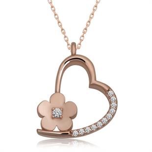 Hk Gümüş Kadın Kolye Rose Çiçekli Kalp |Gümüş Takı Hediyelik Ürünler