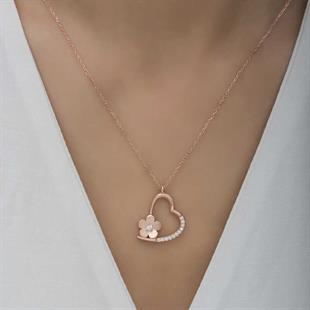 Hk Gümüş Kadın Kolye Rose Çiçekli Kalp |Gümüş Takı Hediyelik Ürünler