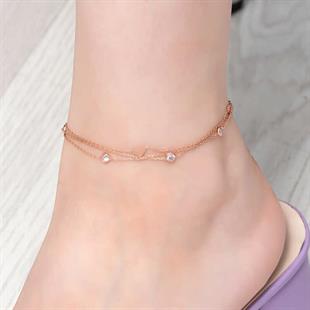 Hk Gümüş Halhal Rose Çift Zincirli Kalp Zirkon Taşlı |Gümüş Takı Hediyelik Ürünler