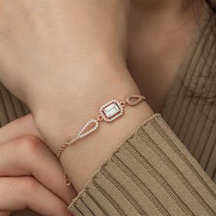 Hk Gümüş Kadın Bileklik Rose Dikdörtgen Baget |Gümüş Takı Hediyelik Ürünler