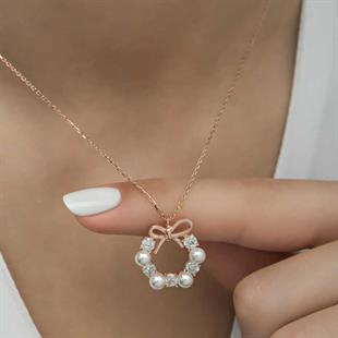 Hk Gümüş Kadın Kolye Rose İnci Kurdele |Gümüş Takı Hediyelik Ürünler