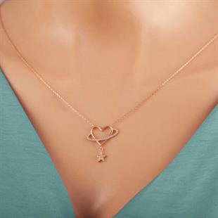 Hk Gümüş Kadın Kolye Rose Kalp Yıldız |Gümüş Takı Hediyelik Ürünler