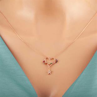 Hk Gümüş Kadın Kolye Rose Kalp Yıldız |Gümüş Takı Hediyelik Ürünler