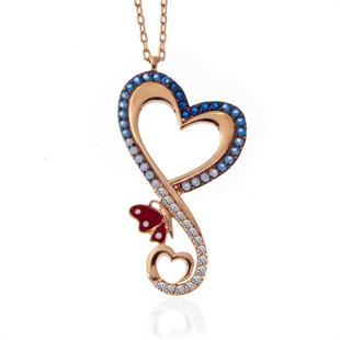 Hk Gümüş Kadın Kolye Rose Kalpli Kelebek |Gümüş Takı Hediyelik Ürünler