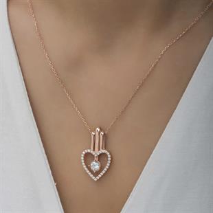 Hk Gümüş Kadın Kolye Rose Kalpli Tek Taş |Gümüş Takı Hediyelik Ürünler