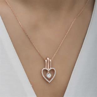 Hk Gümüş Kadın Kolye Rose Kalpli Tek Taş |Gümüş Takı Hediyelik Ürünler