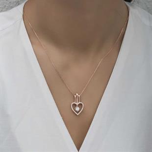 Hk Gümüş Kadın Kolye Rose Kalpli Tek Taş |Gümüş Takı Hediyelik Ürünler