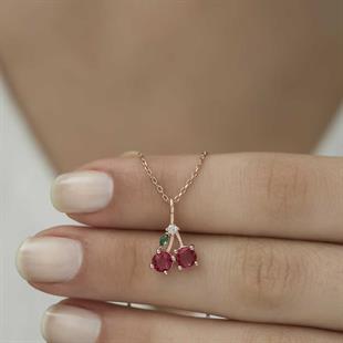 Hk Gümüş Kadın Kolye Rose Kiraz Figürlü Meyve |Gümüş Takı Hediyelik Ürünler