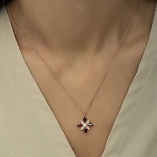 Hk Gümüş Rose Kırmızı Taşlı Umut Çiçeği Kolye | Gümüş Takı Hediyelik Ürünler