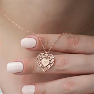 Hk ​Gümüş Kadın Kolye Rose Kişiye Özel Kalbin İçinde Kalp |Gümüş Takı Hediyelik Ürünler