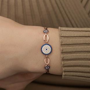 Hk Gümüş Kadın Bileklik Rose Nazar Boncuklu|Gümüş Takı Hediyelik Ürünler