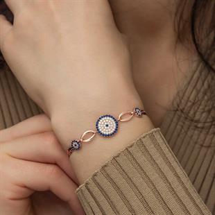 Hk Gümüş Kadın Bileklik Rose Nazar Boncuklu|Gümüş Takı Hediyelik Ürünler