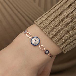 Hk Gümüş Kadın Bileklik Rose Nazar Boncuklu|Gümüş Takı Hediyelik Ürünler