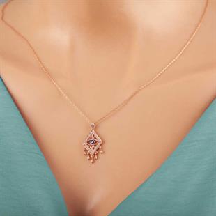 Hk Gümüş Kadın Kolye Rose Nazarlı Göz |Gümüş Takı Hediyelik Ürünler