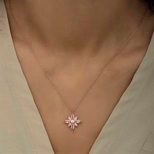 Gümüş Rose Pembe Taşlı Umut Çiçeği Kolye