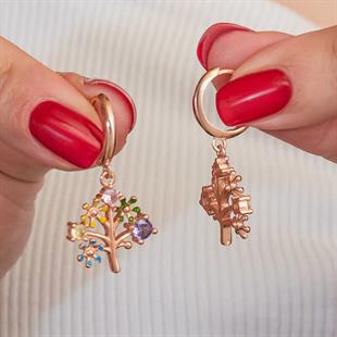 Hk Gümüş Kadın Küpe Rose Renkli Taşlı Hayat Ağacı |Gümüş Takı Hediyelik Ürünler