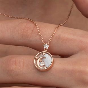 Hk Gümüş Kadın Kolye Rose Sedef Taşlı Ay Yıldız Hilal |Gümüş Takı Hediyelik Ürünler