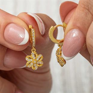 Hk ​Gümüş Kadın Küpe Sallantılı Gold Çiçek |Gümüş Takı Hediyelik Ürünler