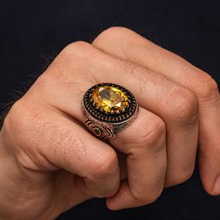 Hk Gümüş Erkek Yüzük Sarı Sitrin Zirkon Taşlı Desenli |Gümüş Takı Hediyelik Ürünler