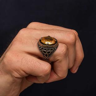 Hk Gümüş Erkek Yüzük Sarı Sitrin Zirkon Taşlı |Gümüş Takı Hediyelik Ürünler