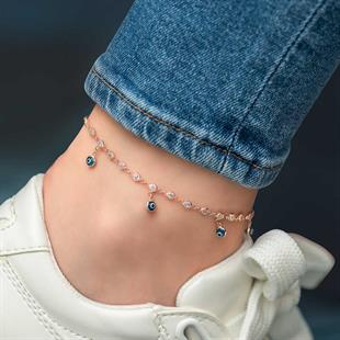 Hk ​Gümüş Halhal Sıralı Zirkon Taşlı Nazarlı Rose |Gümüş Takı Hediyelik Ürünler