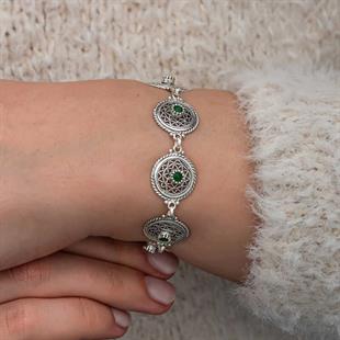 Hk Gümüş Kadın Bileklik Telkari Zümrüt Taşlı |Gümüş Takı Hediyelik Ürünler
