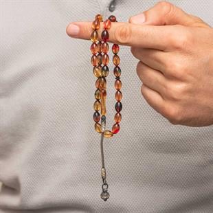 Gümüş Top Kazaz Püsküllü Sıkma Kehribar Tesbih