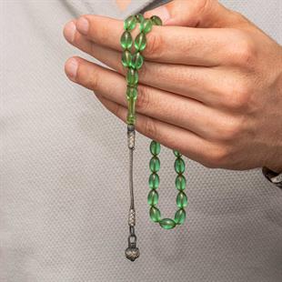 Gümüş Top Kazaz Püsküllü Yeşil Sıkma Kehribar Tesbih