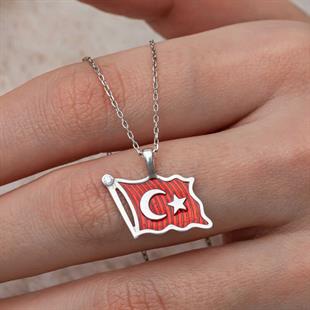 Hk Gümüş Kadın Kolye Türk Bayrağı |Gümüş Takı Hediyelik Ürünler