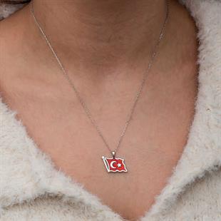 Hk Gümüş Kadın Kolye Türk Bayrağı |Gümüş Takı Hediyelik Ürünler