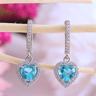 Hk Gümüş Kadın Küpe Turkuaz Taşlı Kalpli |Gümüş Takı Hediyelik Ürünler