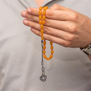 Gümüş Turuncu Kazaz Püsküllü Sıkma Kehribar Tesbih