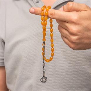 Gümüş Turuncu Kazaz Püsküllü Sıkma Kehribar Tesbih